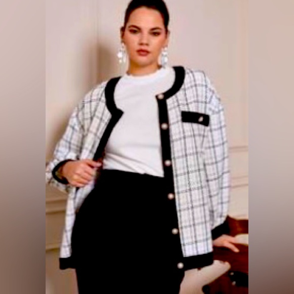 Plus drop shoulder button front plaid tweed cardigan jacket